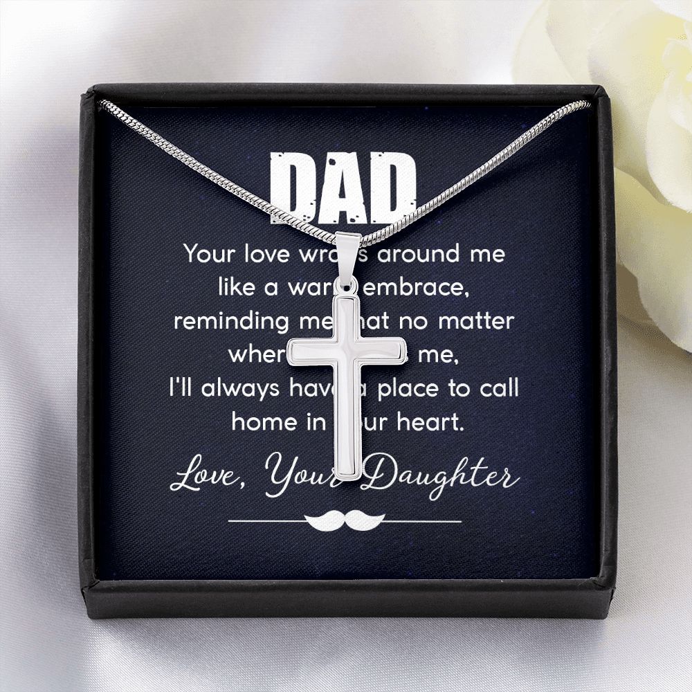 dad - your love wraps around me like a warm embrace Dad Cross Necklace, Father Cross Necklace Father's Day Gift, Christian Gift For Dad, Father Son Cross Necklace - Serbachi