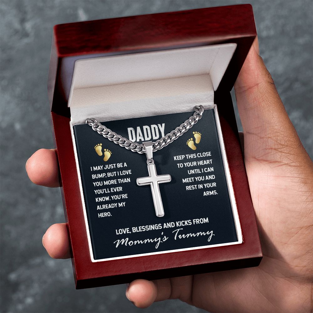 Daddy-I MAY JUST BE A BUMP Personalized Dad Cross Necklace, Father Necklace Father's Day Gift, Christian Gift For Dad, Father Son Necklace - Serbachi