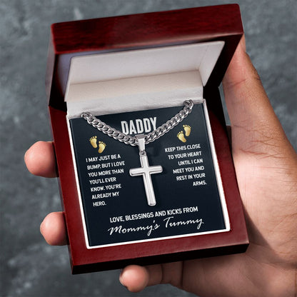 Daddy-I MAY JUST BE A BUMP Personalized Dad Cross Necklace, Father Necklace Father's Day Gift, Christian Gift For Dad, Father Son Necklace - Serbachi