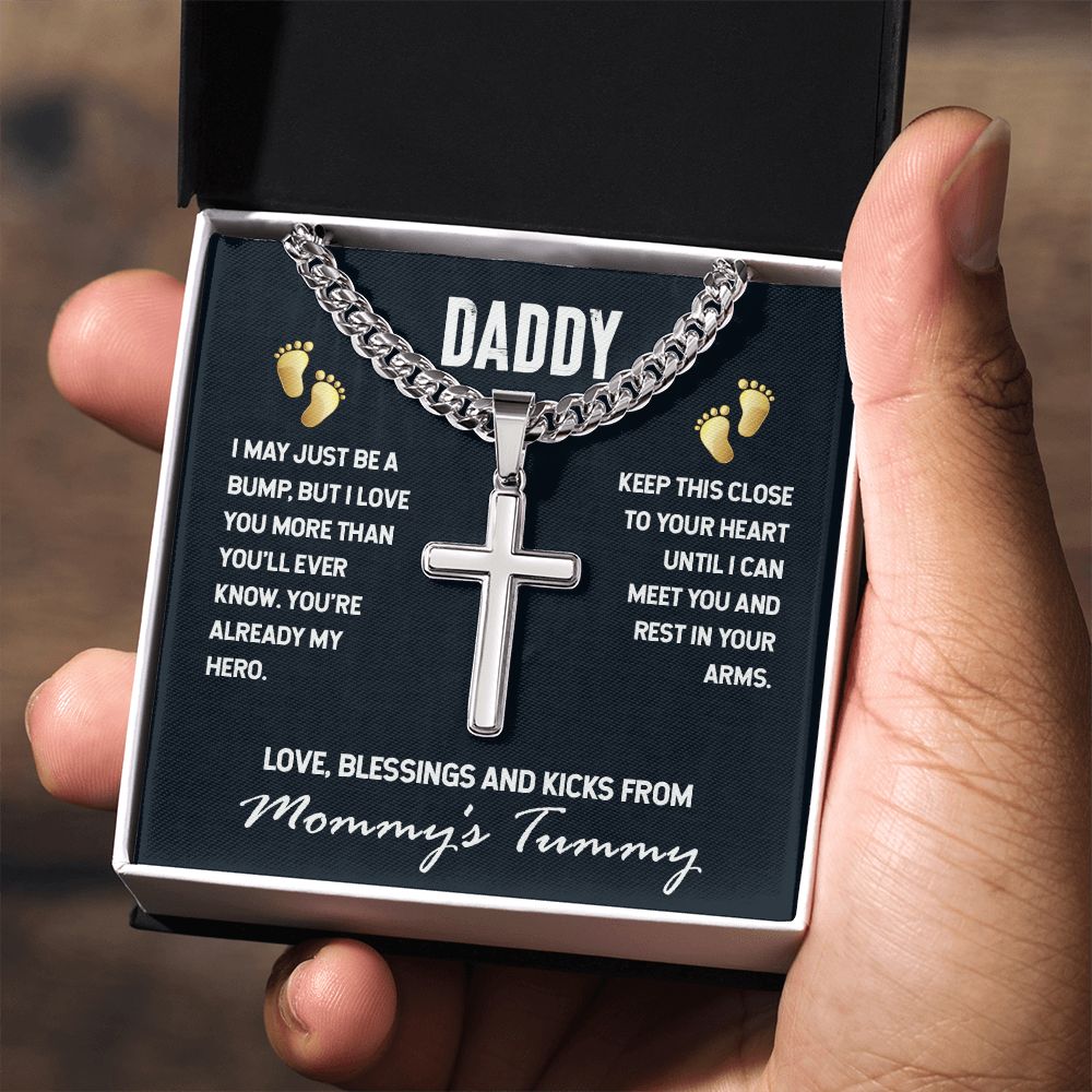 Daddy-I MAY JUST BE A BUMP Personalized Dad Cross Necklace, Father Necklace Father's Day Gift, Christian Gift For Dad, Father Son Necklace - Serbachi