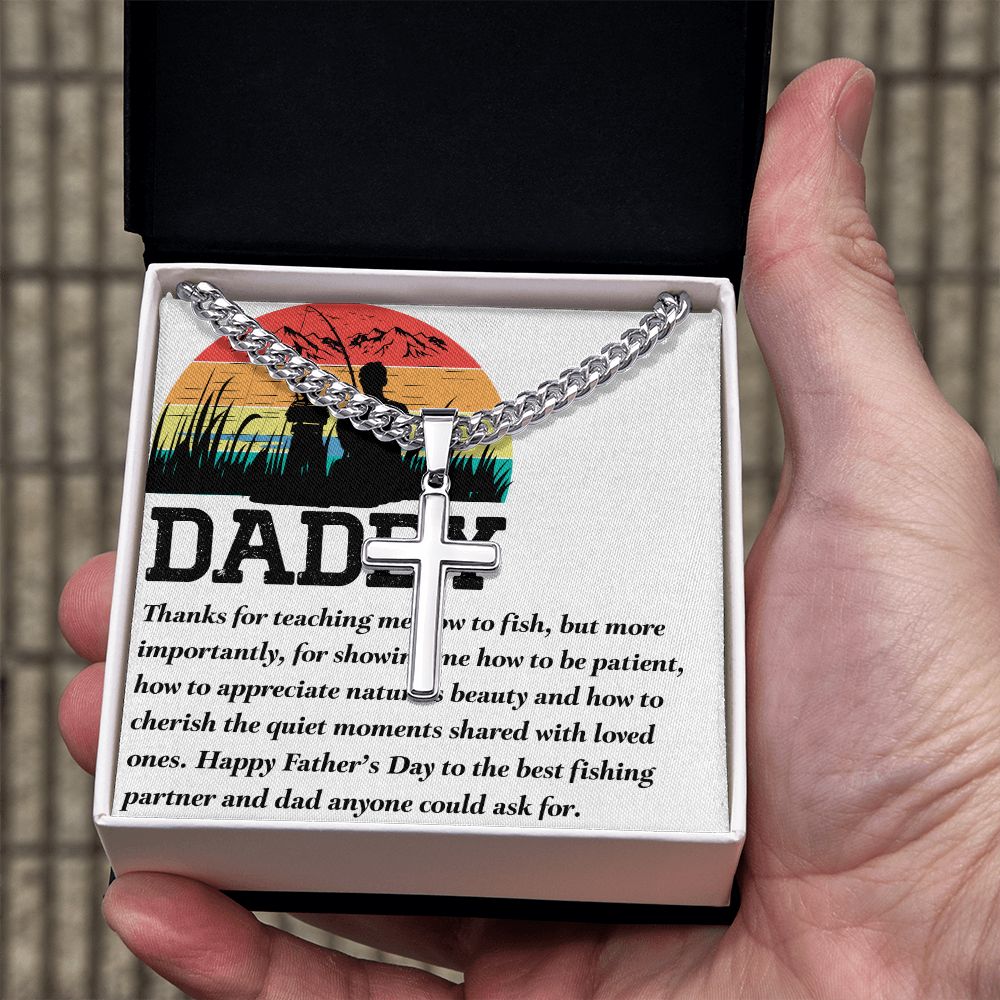 Fishing Dad Cross Necklace, Father Necklace Father's Day Gift, Christian Gift For Dad, Father Son Cross Necklace - Serbachi