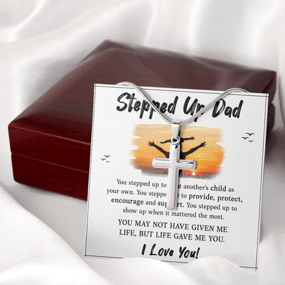 Stepped UP Dad ou stepped up to love another's child as Dad Cross Necklace, Father Cross Necklace Father's Day Gift, Christian Gift For Dad, Father Son Cross Necklace - Serbachi