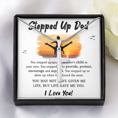 Stepped UP Dad ou stepped up to love another's child as Dad Cross Necklace, Father Cross Necklace Father's Day Gift, Christian Gift For Dad, Father Son Cross Necklace - Serbachi