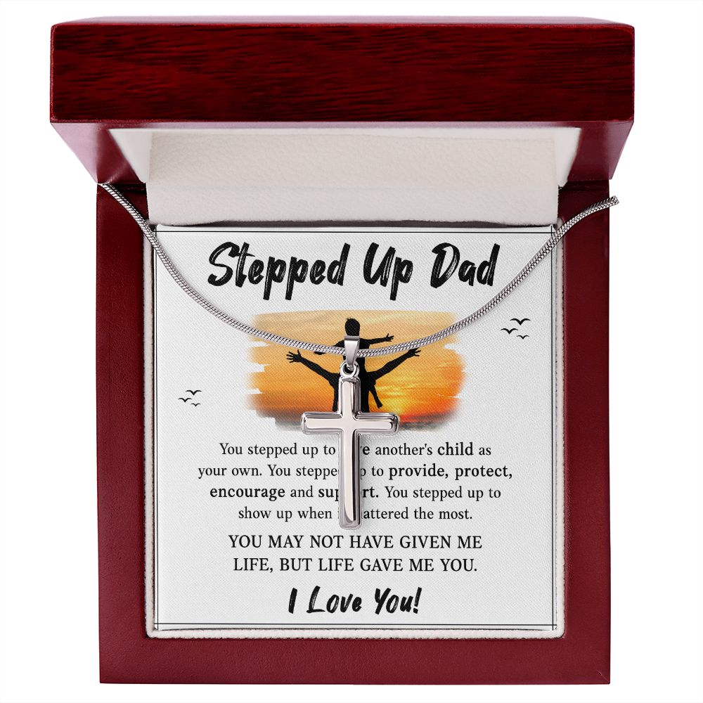 Stepped UP Dad ou stepped up to love another's child as Dad Cross Necklace, Father Cross Necklace Father's Day Gift, Christian Gift For Dad, Father Son Cross Necklace - Serbachi