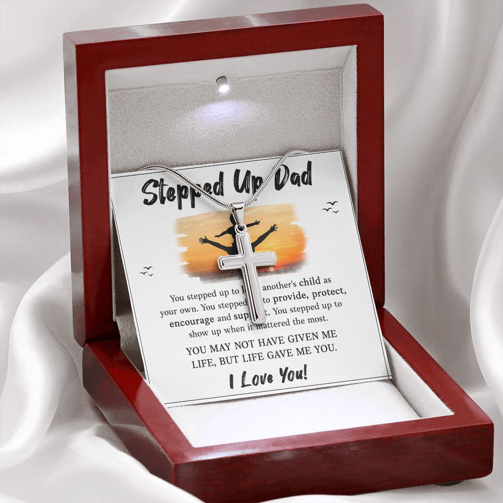 Stepped UP Dad ou stepped up to love another's child as Dad Cross Necklace, Father Cross Necklace Father's Day Gift, Christian Gift For Dad, Father Son Cross Necklace - Serbachi