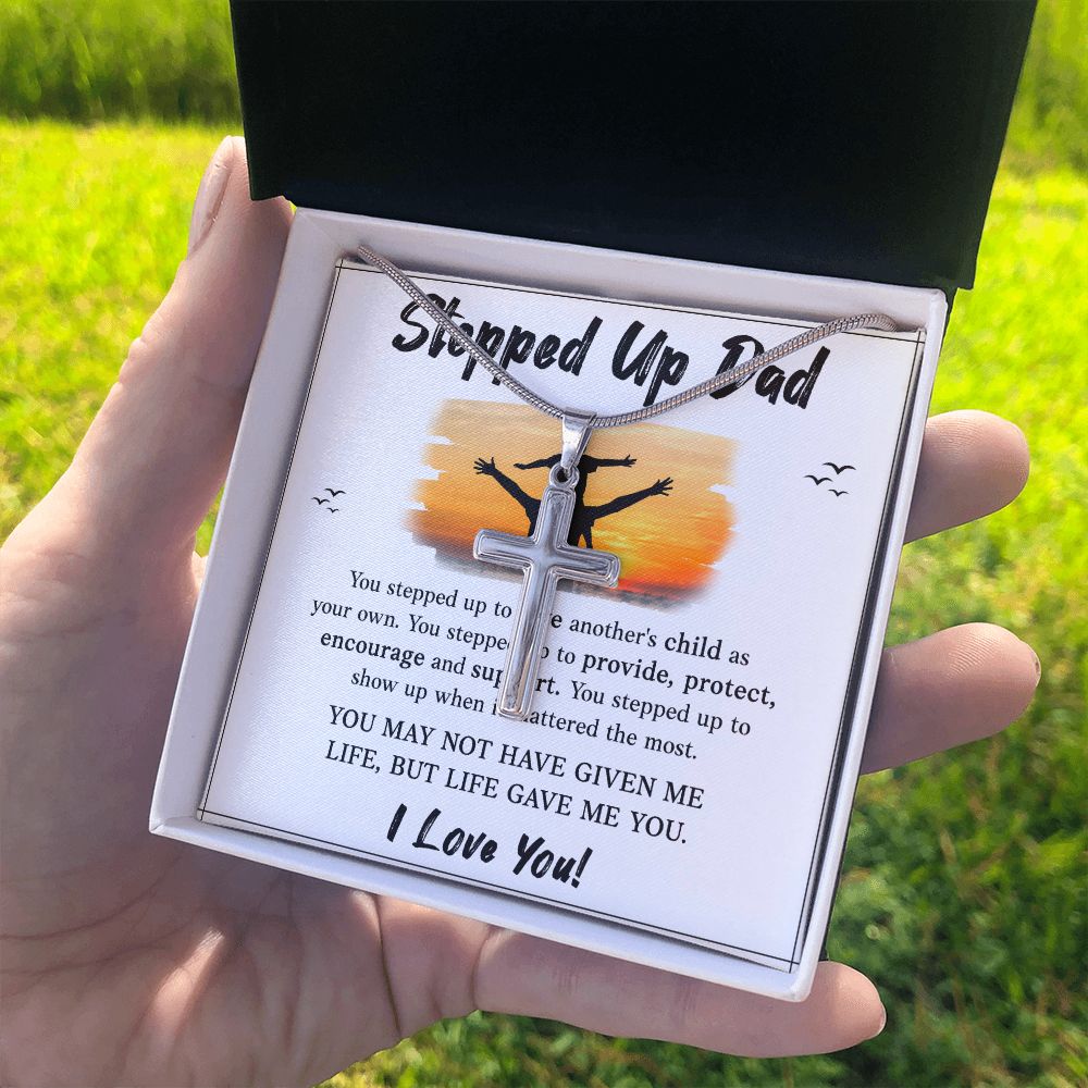 Stepped UP Dad ou stepped up to love another's child as Dad Cross Necklace, Father Cross Necklace Father's Day Gift, Christian Gift For Dad, Father Son Cross Necklace - Serbachi