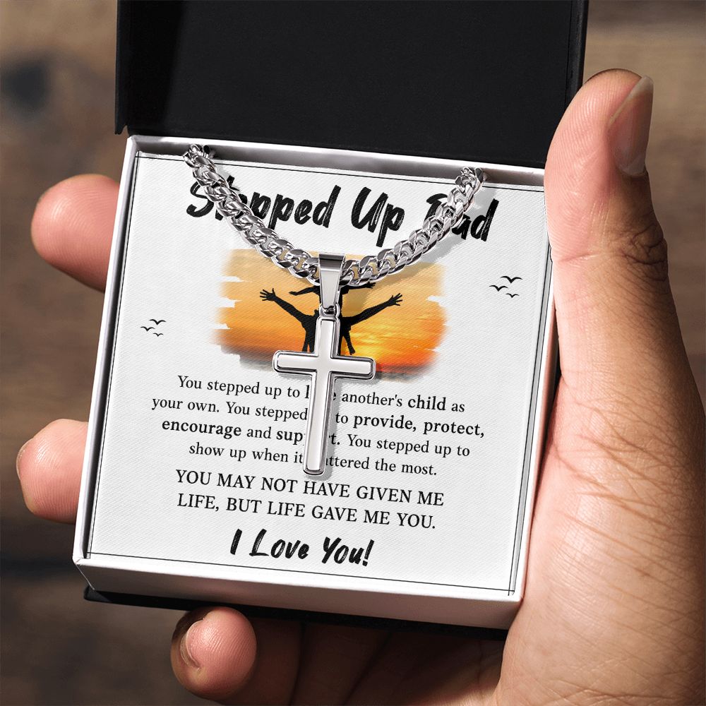 Stepped UP Dad ou stepped up to love another's child as Dad Cross Necklace, Father Necklace Father's Day Gift, Christian Gift For Dad, Father Son Cross Necklace - Serbachi