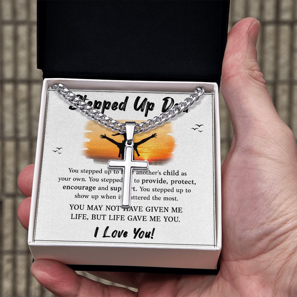 Stepped UP Dad ou stepped up to love another's child as Dad Cross Necklace, Father Necklace Father's Day Gift, Christian Gift For Dad, Father Son Cross Necklace - Serbachi