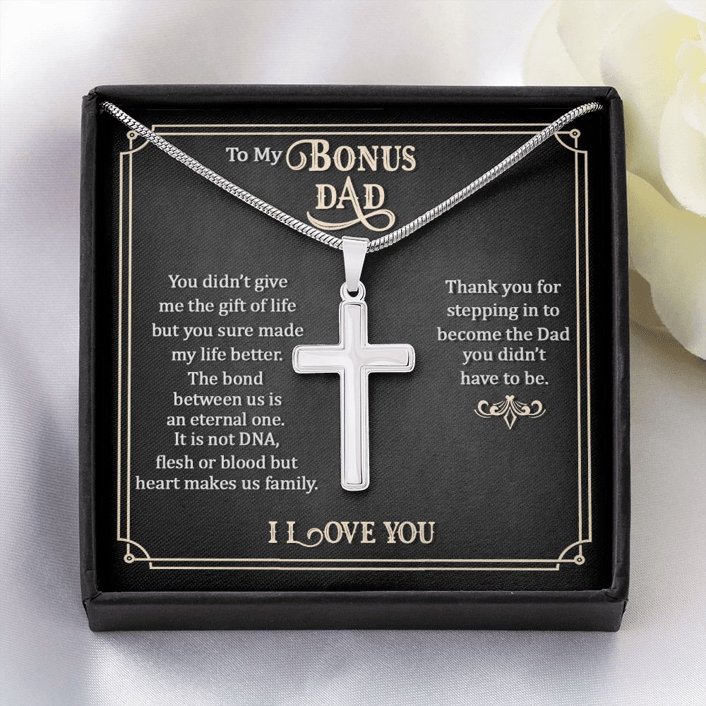 To my Bonus Dad Cross Necklace, Father Cross Necklace Father's Day Gift, Christian Gift For Dad, Father Son Cross Necklace - Serbachi