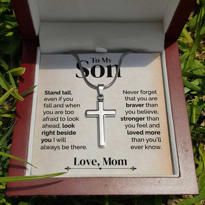 To My Son - Stand Tall - White Gold Cross Necklace - Serbachi