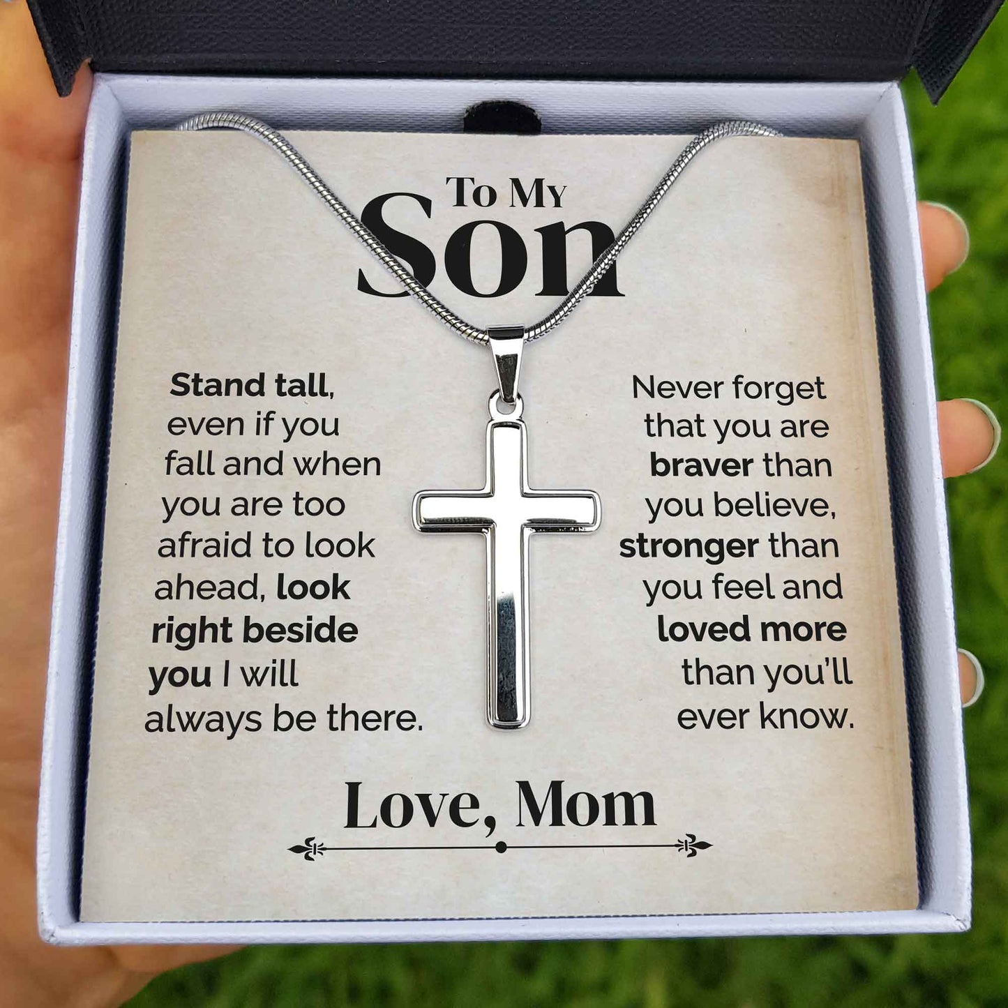 To My Son - Stand Tall - White Gold Cross Necklace - Serbachi