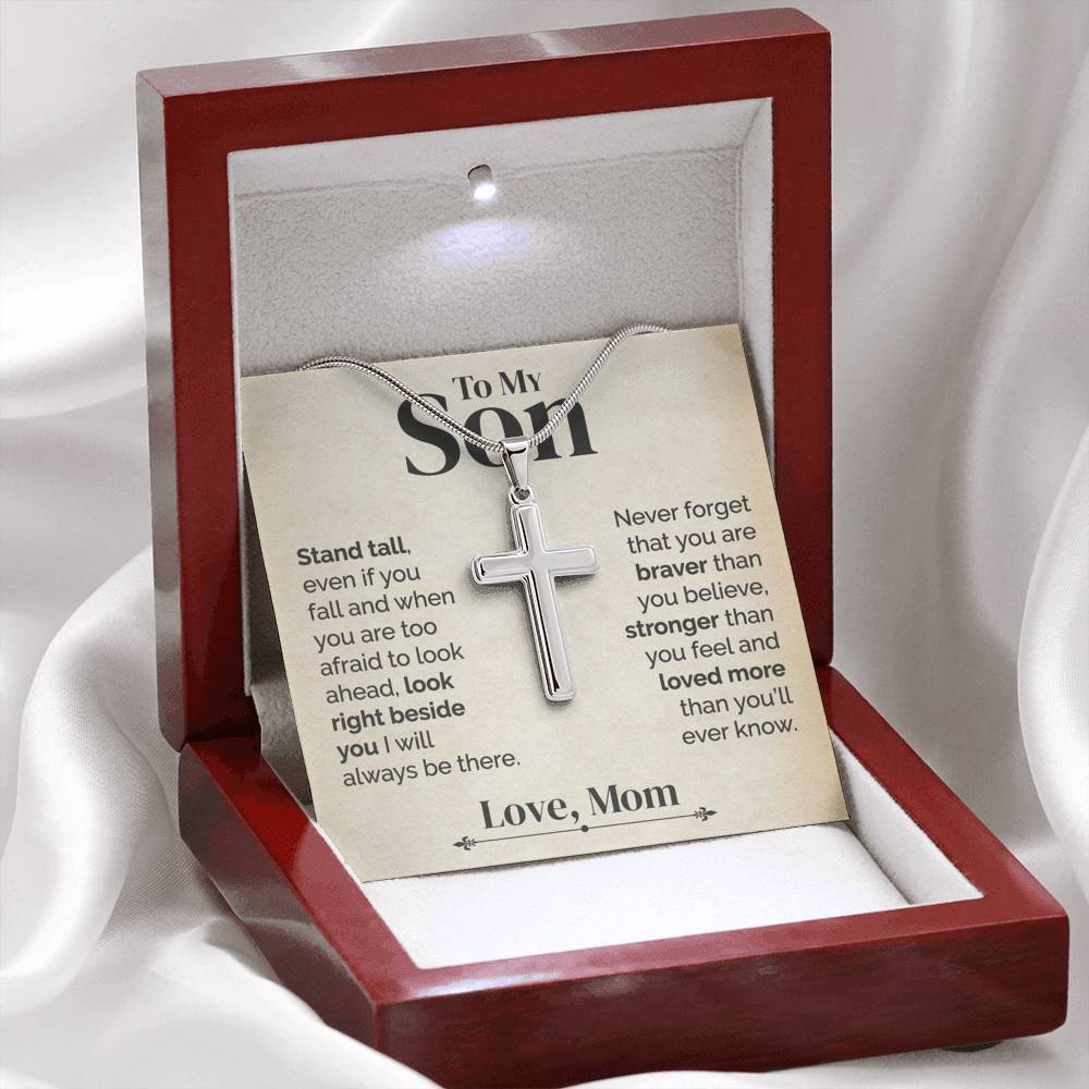 To My Son - Stand Tall - White Gold Cross Necklace - Serbachi