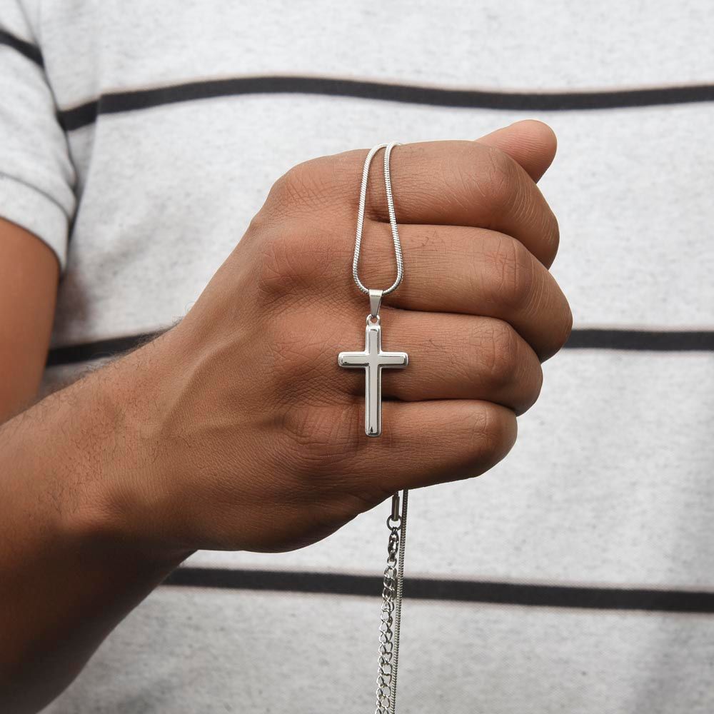 To My Son - Stand Tall - White Gold Cross Necklace Engraved - Serbachi