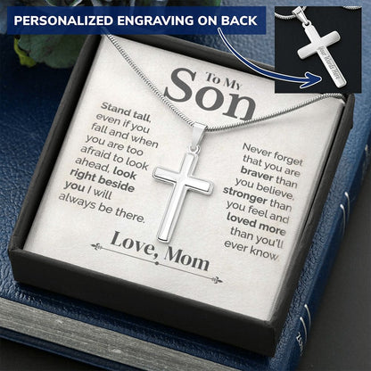 To My Son - Stand Tall - White Gold Cross Necklace Engraved - Serbachi