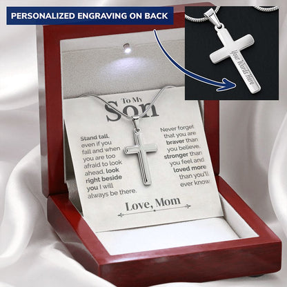 To My Son - Stand Tall - White Gold Cross Necklace Engraved - Serbachi