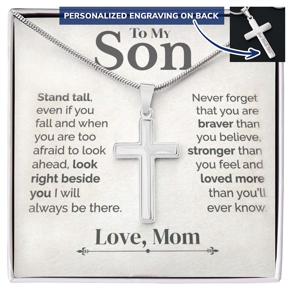 To My Son - Stand Tall - White Gold Cross Necklace Engraved - Serbachi