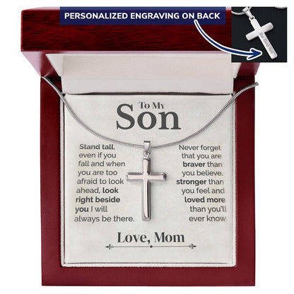 To My Son - Stand Tall - White Gold Cross Necklace Engraved - Serbachi